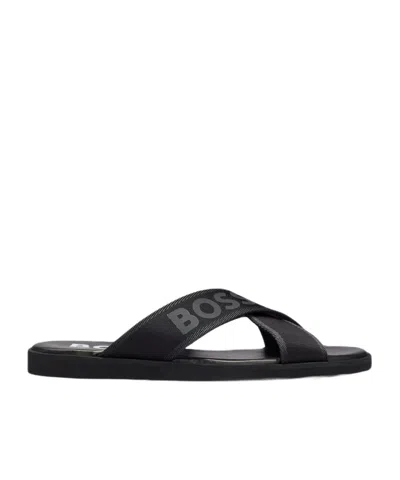 Hugo Boss Logo-print Leather Slides In Black