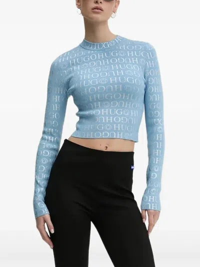 Hugo Boss Logo-print Long-sleeve Top In Blue