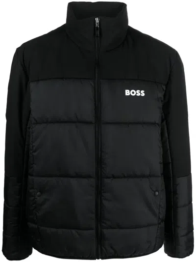 Hugo Boss Logo-print Panelled Padded Jacket In Black