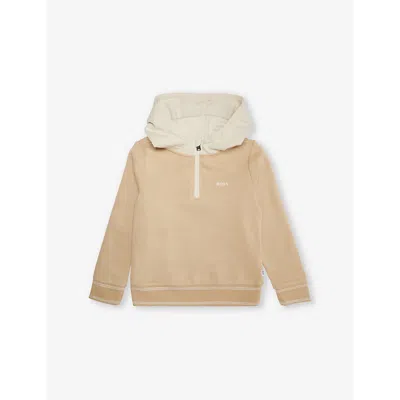 Hugo Boss Kids' Logo-print Striped-trim Cotton Hoody 4-12 Years Ston In Stone