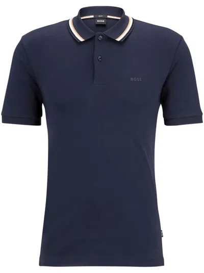 Hugo Boss Logo-print Striped-trim Cotton Polo Shirt In Blue