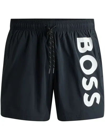 Hugo Boss Quick-drying Swim Shorts With Contrast Logo In Black
