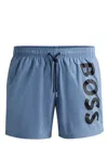 Hugo Boss Vertical-logo-print Swim Shorts In Quick-dry Poplin In Light Blue