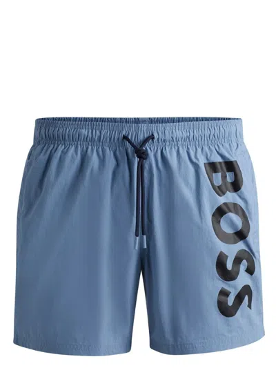 Hugo Boss Vertical-logo-print Swim Shorts In Quick-dry Poplin In Light Blue