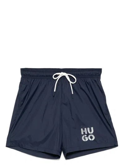 Hugo Boss Logo Print Swim Shorts In Blue