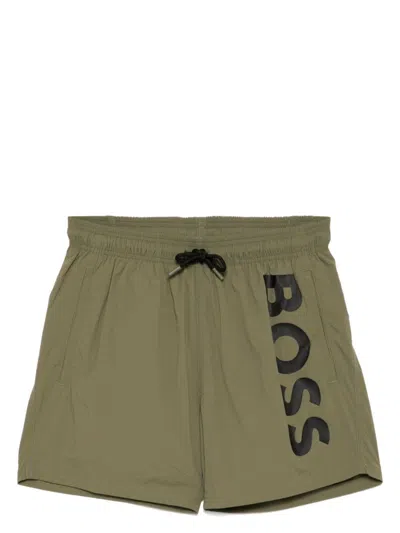 Hugo Boss Logo Print Swim Shorts In Green