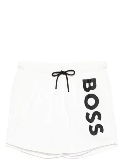Hugo Boss Logo Print Swim Shorts In White