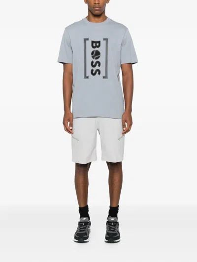 Hugo Boss Interlock-cotton T-shirt With Mesh-print Artwork In Blue