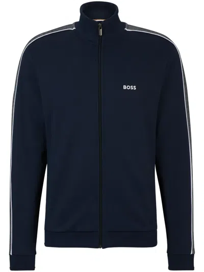 Hugo Boss Logo-print Zip-up Cardigan In Blue