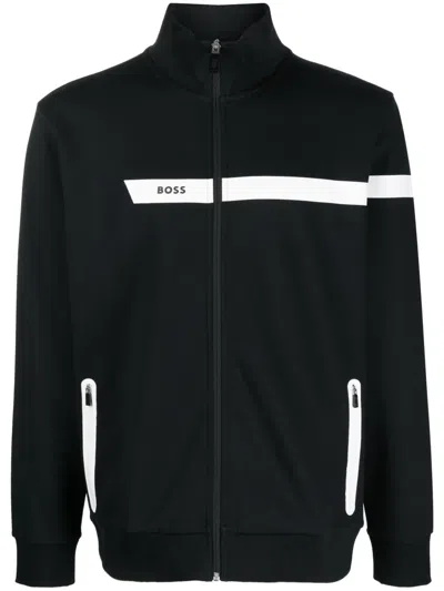 Hugo Boss Cotton-blend Zip-up Sweatshirt With Graphic Logo Stripe In Black