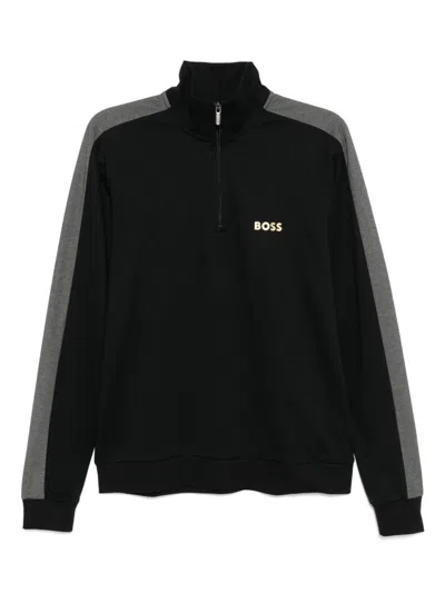 Hugo Boss Logo-printed Half-zip Sweater In Black