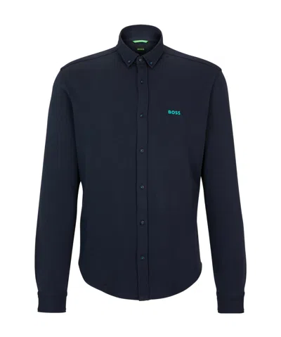 Hugo Boss Regular-fit Shirt In Knitted Cotton Piqué In Black