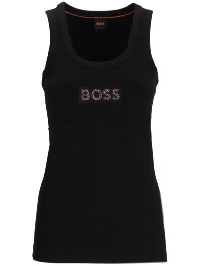 Hugo Boss Ribbed Stretch-cotton Tank Top With Crystal Logo Badge In Black