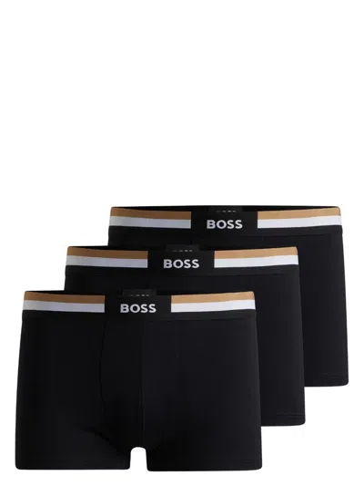 Hugo Boss Three-pack Of Cotton-blend Trunks With Signature Waistbands In Black