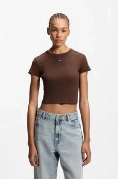 Hugo Boss Logo-badge Slim-fit T-shirt In Stretch Cotton In Brown
