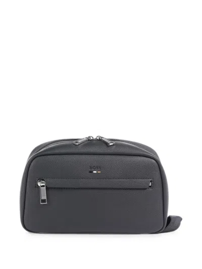 Hugo Boss Logo-detail Leather Washbag In Black