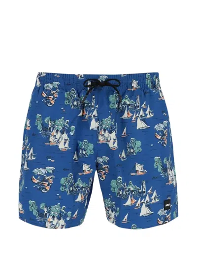Hugo Boss Logo-patch Swim Shorts In Blue