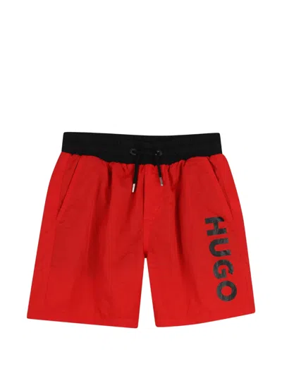 Hugo Boss Kids' Logo-print Drawstring Swim Shorts In Red
