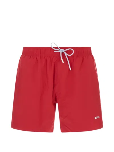 Hugo Boss Quick-dry Swim Shorts With Logo Detail In Red