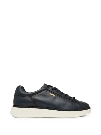 Hugo Boss Navy Smooth Leather White Sole Sneakers In Blue