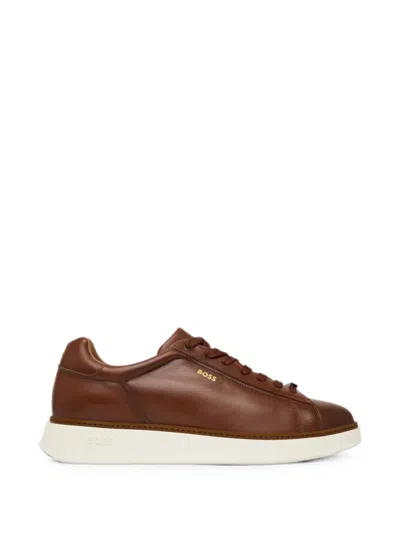Hugo Boss Brown Smooth Leather White Sole Sneakers In Red