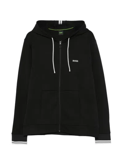 Hugo Boss Felpa Nera Con Cappuccio E Zip In Cotone Boss In Black