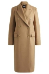 Hugo Boss Long-length Twill Coat With Double-breasted Closure In Beige