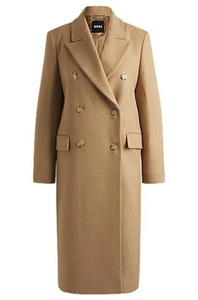 Hugo Boss Long-length Twill Coat With Double-breasted Closure In Beige