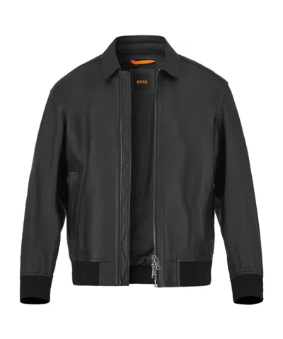 Hugo Boss Long Sleeve Leather Jacket In Black