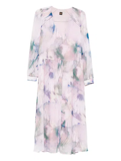 Hugo Boss Long-sleeve V-neck Midi Dress In Pink
