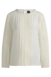 Hugo Boss Long-sleeved Blouse In Washed Silk With Pleated Front In White