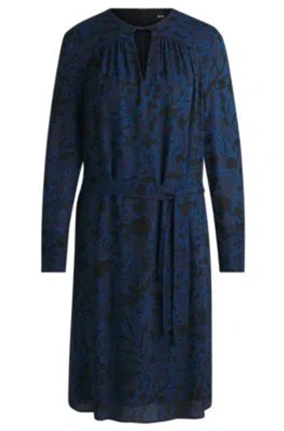 Hugo Boss Long-sleeved Dress With Floral Print And Belt In Patterned