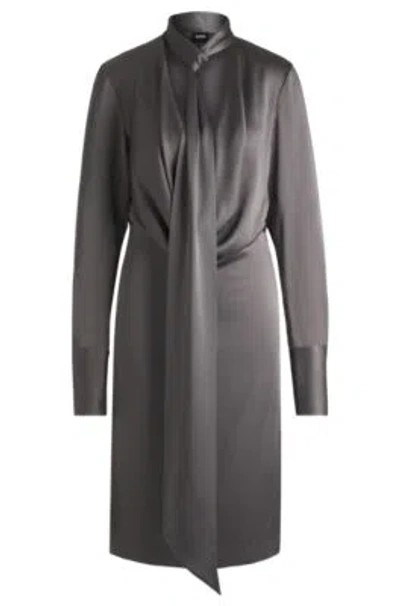 Hugo Boss Long-sleeved Dress With Scarf Neckline In Light Grey