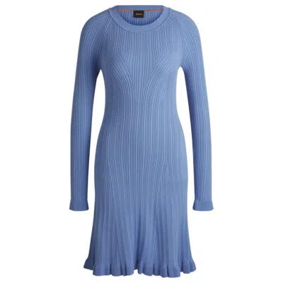 Hugo Boss Long-sleeved Knitted Dress With Ribbed Structure In Blue