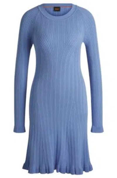 Hugo Boss Long-sleeved Knitted Dress With Ribbed Structure In Blue