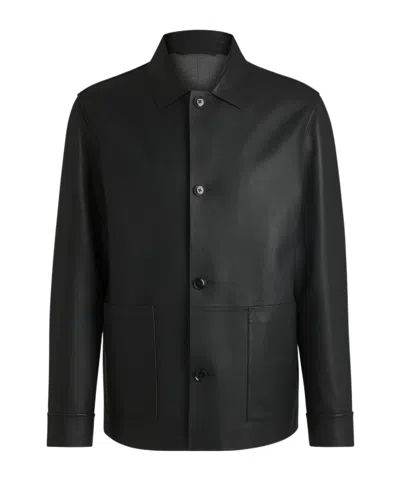 Hugo Boss Long-sleeved Leather Jacket In Black