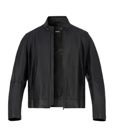 Hugo Boss Long-sleeved Leather Jacket In Black