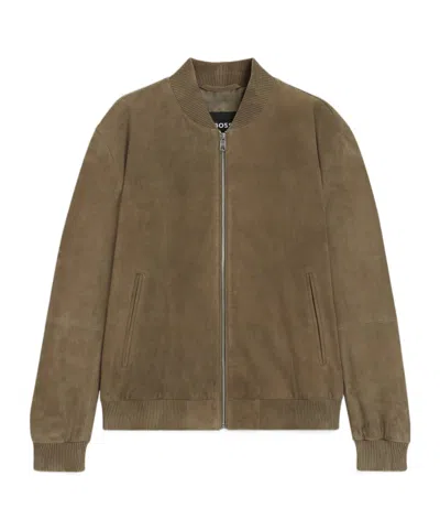 Hugo Boss Suede Zip-front Bomber Jacket In Brown