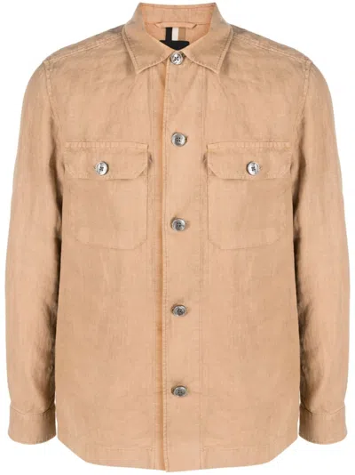 Hugo Boss Long-sleeved Linen Overshirt In Neutrals