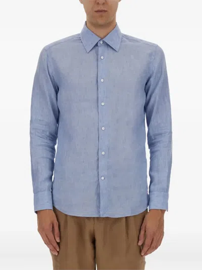 Hugo Boss Long-sleeved Linen Shirt In Blue