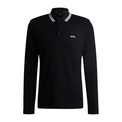 Hugo Boss Long-sleeved Polo Shirt In Cotton Piqué In Blue