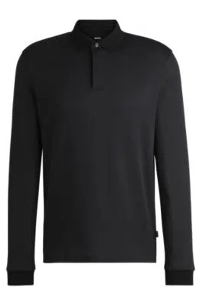 Hugo Boss Long-sleeved Polo Shirt In Cotton With Concealed Placket In Black