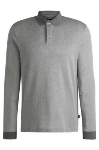 Hugo Boss Long-sleeved Polo Shirt In Cotton With Concealed Placket In Silver