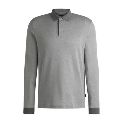 Hugo Boss Long-sleeved Polo Shirt In Cotton With Concealed Placket In Silver