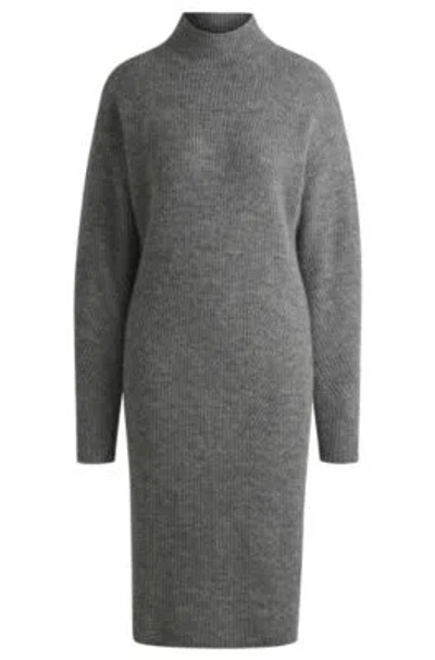 Hugo Boss Long-sleeved Relaxed-fit Dress With Mixed Ribbing In Silver