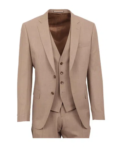 Hugo Boss Long-sleeved Suit Coat, Single-breasted Vest In Nude