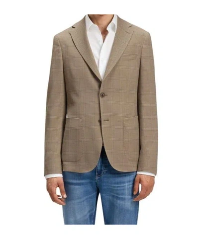 Hugo Boss Checked Slim-fit Jacket In Stretch Cloth In Brown