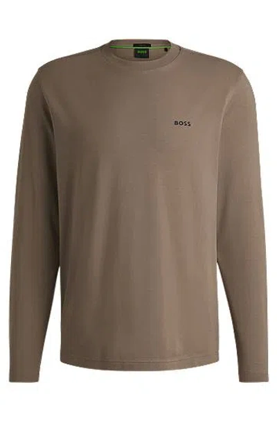 Hugo Boss Long-sleeved T-shirt In Stretch Cotton With Contrast Logo In Brown
