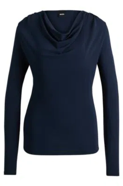 Hugo Boss Long-sleeved Top In Stretch Crepe With Cowl Neckline In Dark Blue