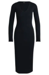 Hugo Boss Long-sleeved Knitted Dress With Ribbed Structure And V Neckline In Dark Blue